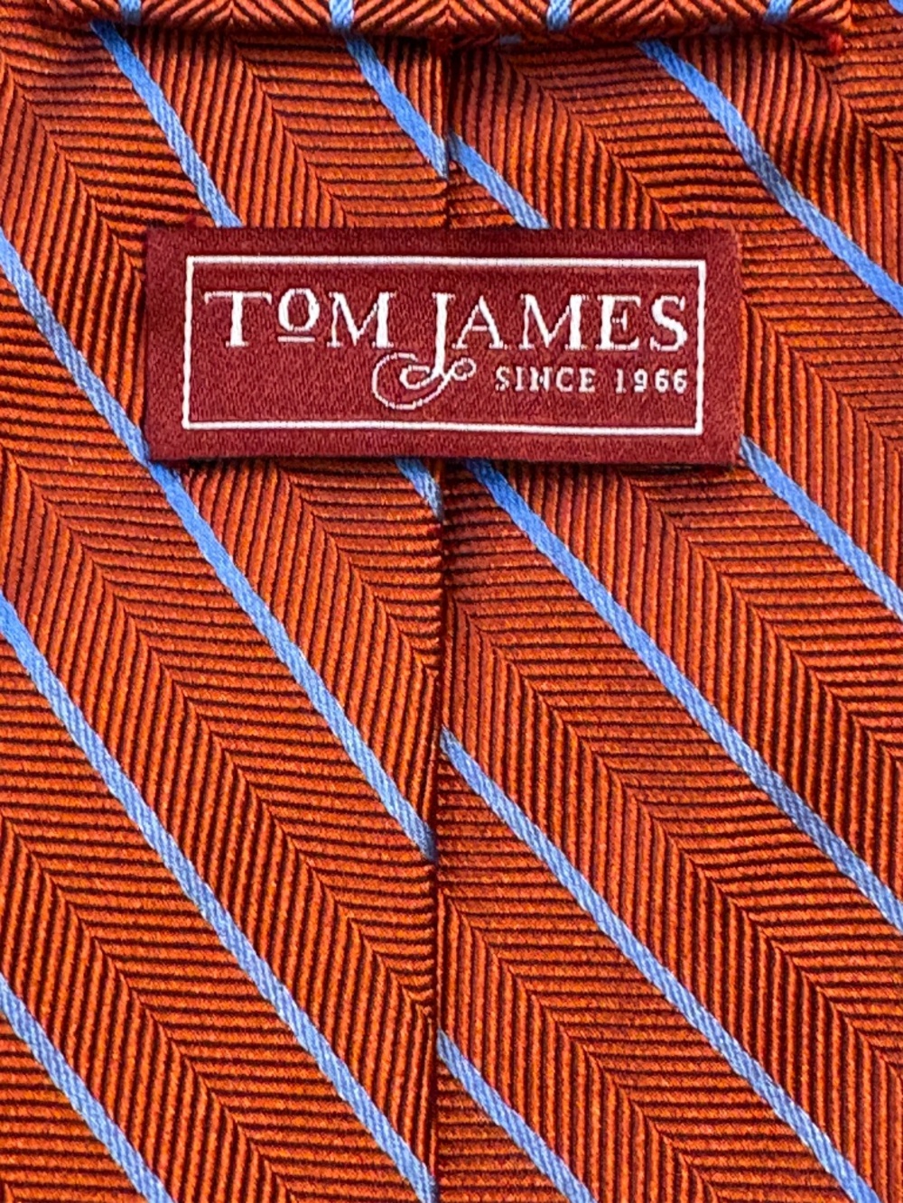 Tom James Men's Rust Orange & Blue Striped Herringbone Silk Tie